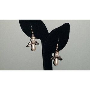 White Pearl and Silver-tone Beaded Angel Earrings